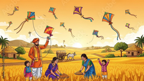 A man in orange clothes flying colorful kites with children and women in a rural field on a sunny day with a horse drawn cart and huts in the background
