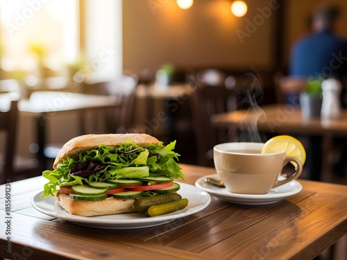 Brunch in a Small Cafe Featuring a Fresh Sandwich with Salad and Cucumber on a Wooden Table with Blurred Background