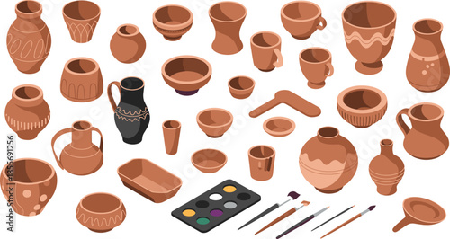 Isometric illustration of handmade pottery collection, clay ceramic bowls vases cups traditional craft art workshop vector set