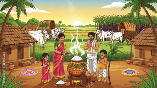 Traditional indian rural family cooking outdoors in village with cattle and huts at sunset, people in ethnic wear celebrating cultural festival