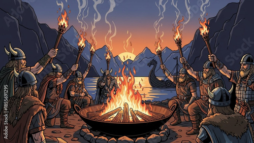 Viking warriors gathered around a roaring campfire at sunset with torches and a longboat in the background near a serene lake surrounded by majestic mountains