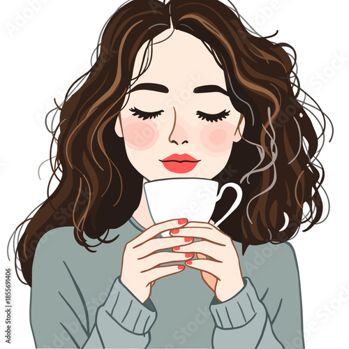 Young woman enjoying smell of hot herbal tea illustration