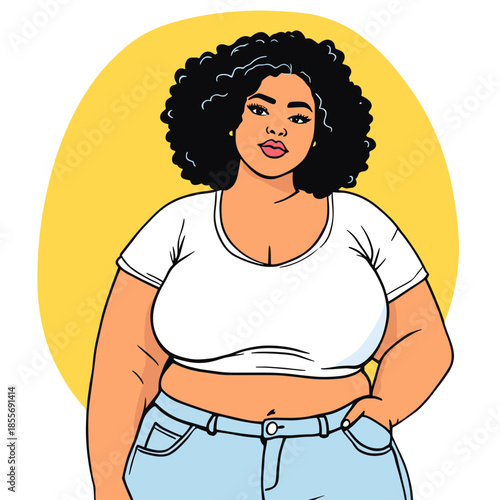 Curvy plus size woman in white crop top body positive