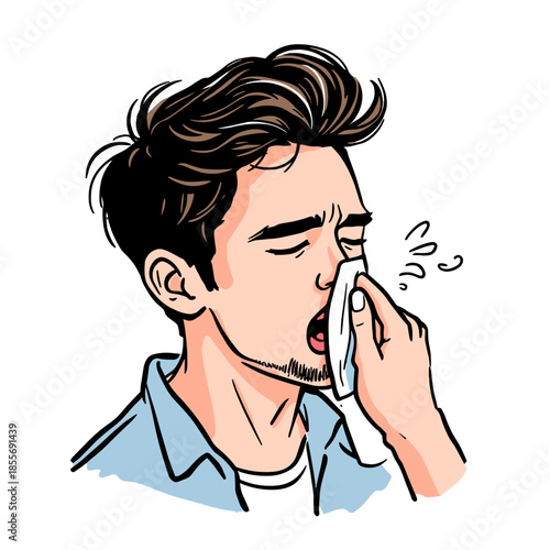 Young man sneezing into tissue cold and flu concept