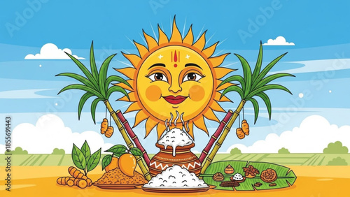 Vibrant pongal festival celebration with smiling sun face, traditional indian food on banana leaf, palm trees, and steaming rice, symbolizing harvest joy and prosperity