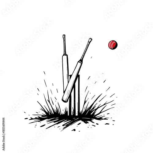 Cricket stumps flying after ball hit in dynamic black and red vector illustration