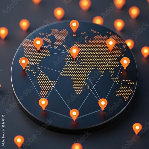 Digital world map with global connections and location pins representing a connected planet