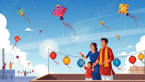 Family flying colorful kites on a rooftop with lanterns on a sunny day with blue sky and white clouds