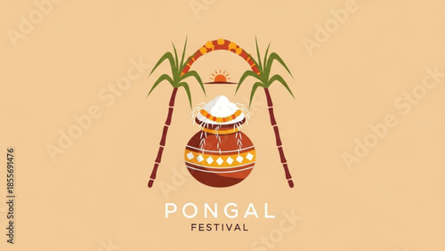 Pongal festival celebration with decorated pot, palm trees, and traditional indian arch, symbolizing harvest and cultural heritage