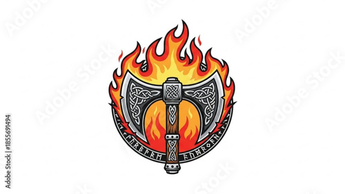 Viking battle axe on fire with celtic knot design and flames, symbolizing strength and power in a mythical norse warrior emblem
