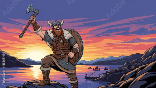 Viking warrior standing on rocky coastline with axe and shield at sunset with mountains and sea in background