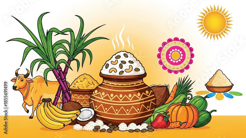 Traditional indian festival celebration with cow, sugarcane, fruits, and decorated pot of rice, symbolizing prosperity and harvest, sunny background
