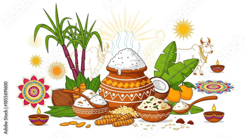 Traditional indian festival celebration with rice pot, sugarcane, banana leaves, coconut, colorful designs, and cow, symbolizing prosperity and harvest