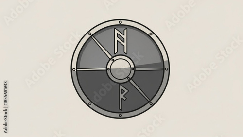 Gray metallic shield with n and r symbols on beige background, circular defense icon with bolts and gradient design