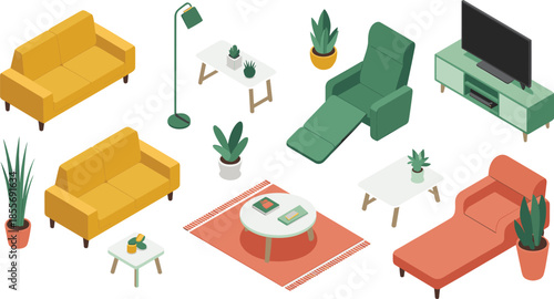 Isometric illustration of modern living room furniture set, sofa armchair table decor interior design vector collection