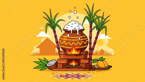Traditional indian clay pot on fire with palm trees and hut in background for cultural festival decoration