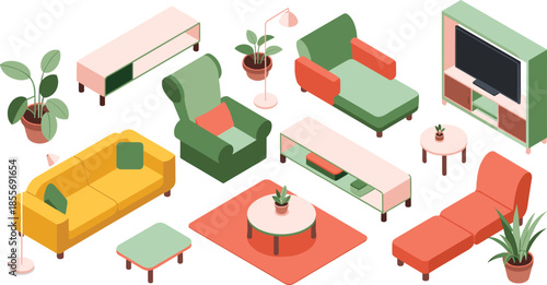 Isometric illustration of modern living room furniture set, sofa armchair table decor interior design vector collection