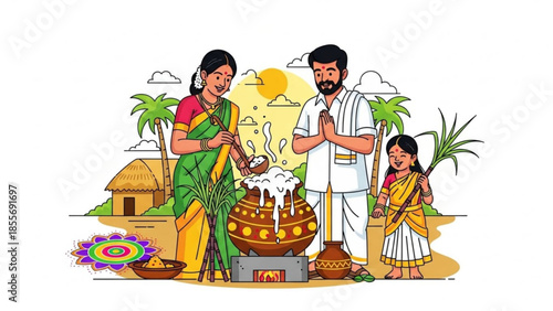 Traditional indian family celebrating pongal festival with clay pot and palm trees in background