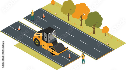 Isometric illustration of road construction with asphalt roller machine, highway maintenance workers traffic cones infrastructure development vector scene