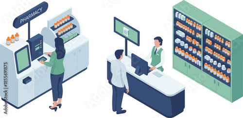 Isometric illustration of modern pharmacy interior, with pharmacist customer digital dispensing system shelves medicine bottles healthcare technology retail workflow vector
