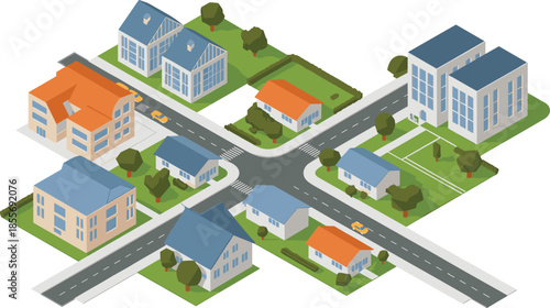 Isometric illustration of suburban neighborhood city block, residential houses roads urban planning real estate community vector concept