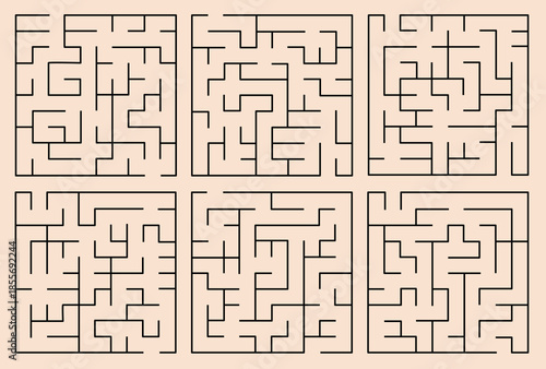 square maze puzzles. Illustration for children's activity books, adult relaxation coloring pages, and graphic design projects.Vector illustration