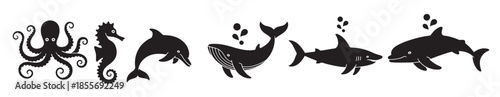 collection of stylized black silhouettes of marine animals