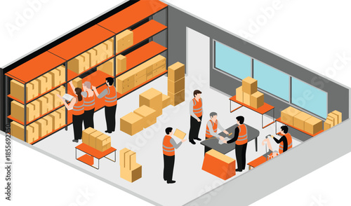 Isometric illustration of warehouse logistics operation, workers packing boxes inventory management distribution center supply chain vector