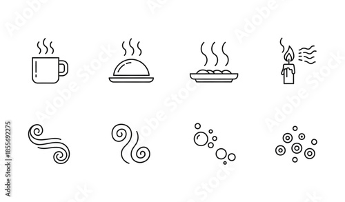 Vapor aroma icon vector set with steam smoke and smell symbols isolated on white background