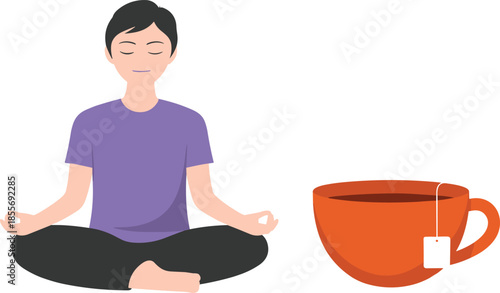Minimalist illustration of meditation and mindfulness, calm person practicing yoga with hot tea relaxation wellness vector concept