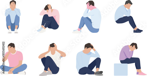 Set of sad depressed people sitting alone, anxiety stress mental health problem emotions psychology concept minimalist vector illustration