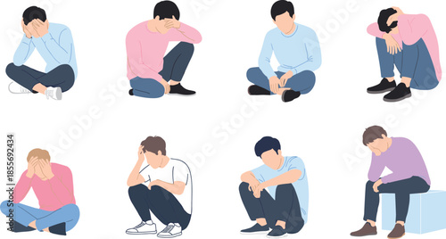 Set of sad depressed people sitting alone, anxiety stress mental health problem emotions psychology concept minimalist vector illustration
