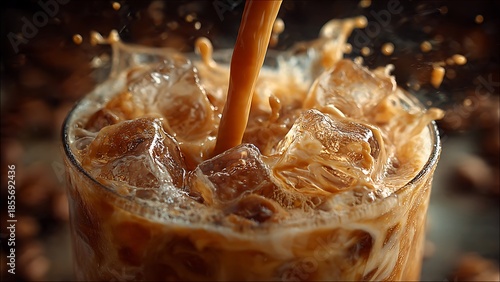 Refreshing iced coffee pouring into a glass with ice cubes creating a dynamic splash and frothy crema for ultimate refreshment