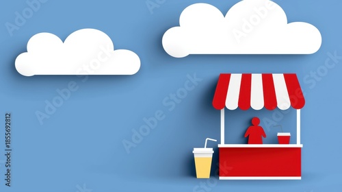 A red and white striped awning over a red and white striped counter, with a person standing behind it and a drink in front.