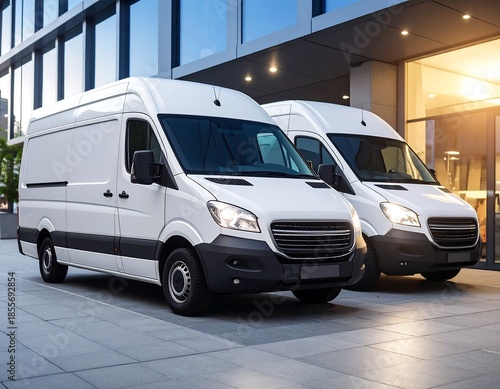 Two white delivery vans parked outside a modern building with glass windows, captured in daylight. The scene suggests a commercial environment