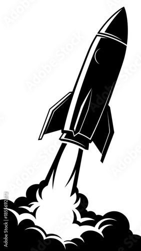 Retro rocket launch black and white woodcut style illustration