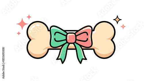 A charming cartoon illustration of a dog bone adorned with a festive green and pink bow, sparkling brightly
