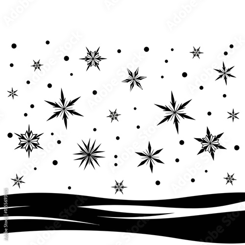 Falling snowflakes and dots against a stark white background with snowdrifts below