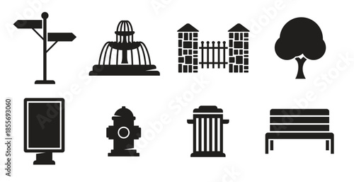 outdoor park elements icons set black on a white bacground