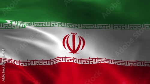 Waving flag of iran showcasing its national emblem and distinct colors