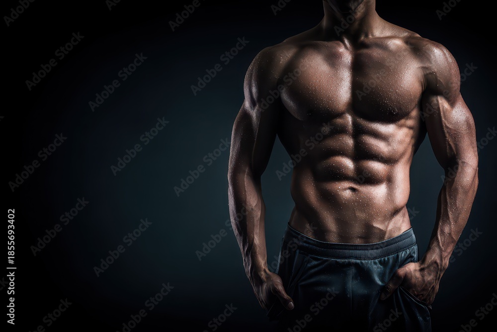 Fototapeta premium Athletic torso close-up highlighting sculpted core and triceps in studio portrait