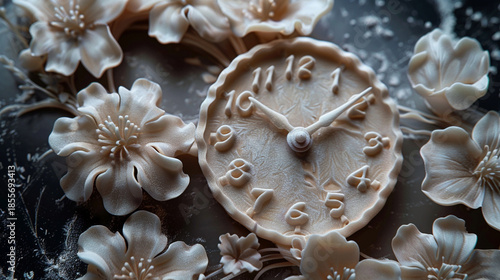 3d illustration, beige marble background, embossed ornamental and fractal flowers for decor
