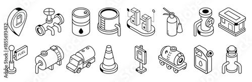 pack of oil industry isometric line icons
