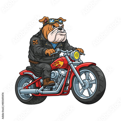 Bulldog Biker Riding a Motorcycle with Leather Jacket and Goggles animal