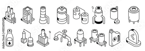 pack of oil production isometric line icons