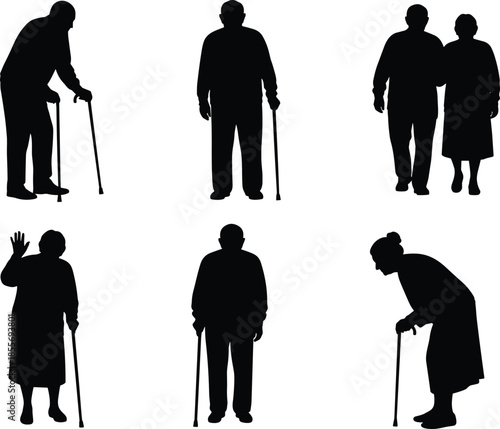 Senior people silhouettes collection, elderly men and women with walking sticks, aged retired persons standing and walking, isolated vector on white background