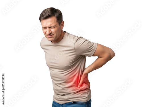 Man suffering from back pain isolated on transparent background