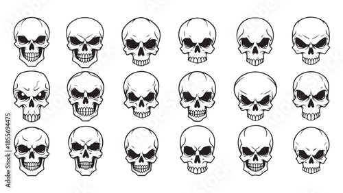 Collection of diverse skull illustrations with varied expressions and styles