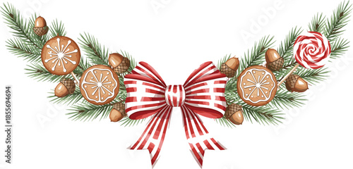 Christmas pine swag illustration with red striped bow acorns iced orange slice cookies and swirl lollipop vector banner.