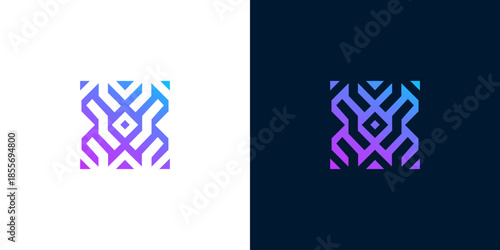 Abstract modern technology logo design with intricate geometric lines and vibrant purple-blue gradient colors, representing connectivity and digital innovation